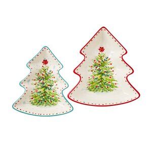 he Pioneer Woman Holiday Cheer Tree Server Set 2 Stoneware Serving Dish Trays🎄